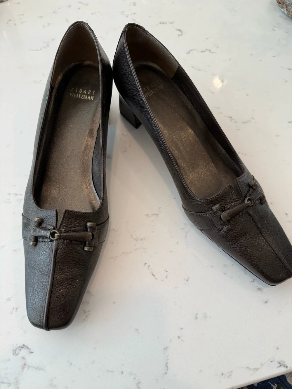 Vintage Stuart Weitzman Brown Leather Horsebit Block Heel Pumps Size 9B Spain